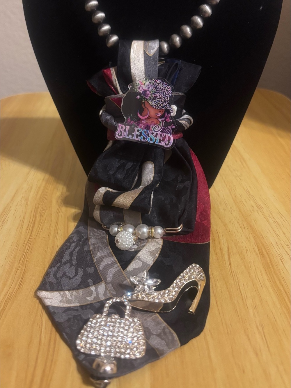 Embellished Black & Silver Tie Necklace with Charms